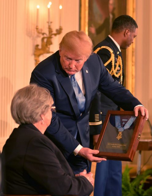 President Trump presents the Medal of Honor to Pauline Conner, the 89-year old widow of World War II veteran Garlin Conner at the White House in Washington, D.C., June 26, 2018. Conner earned the award for valorous acts on the morning of Jan. 24, 1945. U.S. Army photo by Joe Lacdan