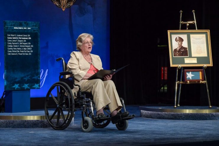 Pauline Lyda Wells Conner, the spouse of U.S. Army 1st Lt. Garlin M. Conner, gives her remarks during the Hall of Heroes Induction Ceremony, at the Pentagon, in Arlington, Va., June 27, 2018. Conner was posthumously awarded the Medal of Honor, June 26, 2018 for actions while serving as an intelligence officer during World War II on Jan. 24, 1945. (U.S. Army photo by Spc. Anna Pol)