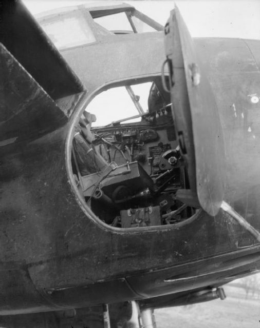 A Mosquito NF Mark XIII. View looking into the cockpit through the starboard entry hatch in the nose.