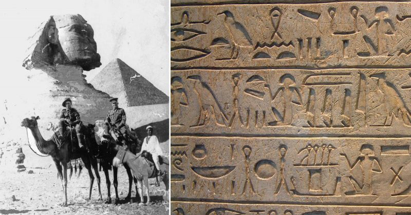 Australian soldiers in Egypt during WWI (left); Egyptian hieroglyphic detail (right) -By Guillaume Blanchard / CC BY-SA 3.0