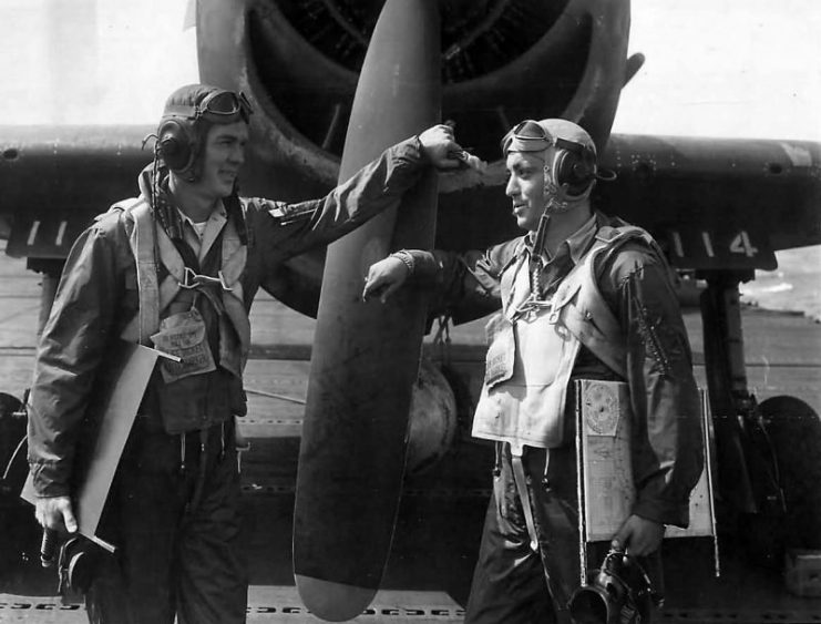 F6F Ace Pilots Coleman and Langdon of VF-83 on the USS Essex in 1945.