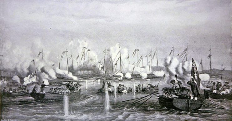 Royal Navy vs Chinese war junks before the Second Opium War.