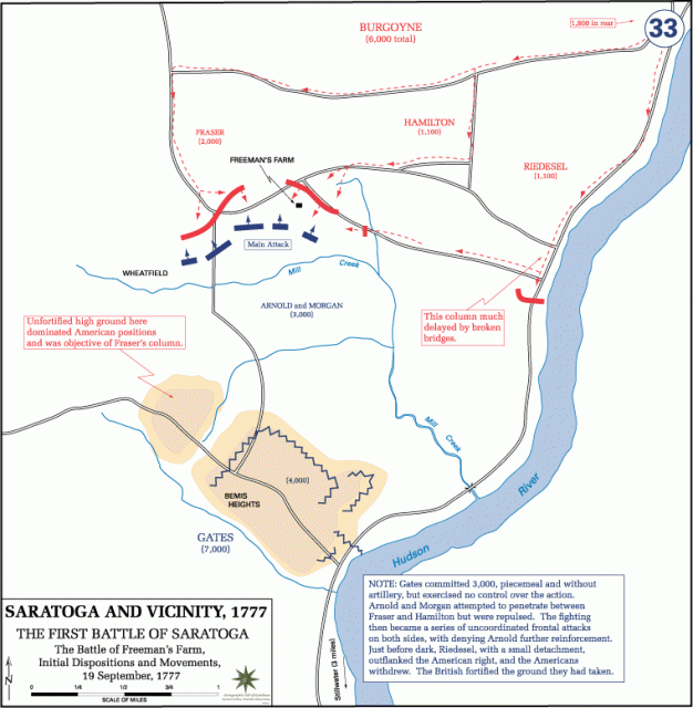 Initial dispositions and movements at the Battle of Freeman’s Farm, 19 September 1777. First Battle of Saratoga.