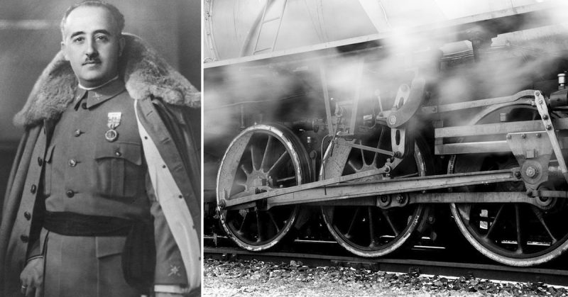 Left: Francisco Franco. Right: Running gear of steam locomotive. Photo: Petar Milošević / CC-BY-SA 3.0