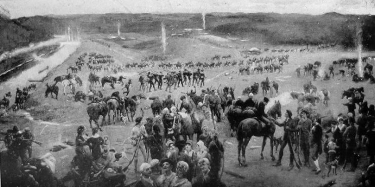 Black and white reproduction of artist Lloyd Branson’s Gathering of Overmountain Men at Sycamore Shoals, which depicts the gathering of the Overmountain Men en route to their victory over British loyalist forces at the Battle of Kings Mountain in 1780.