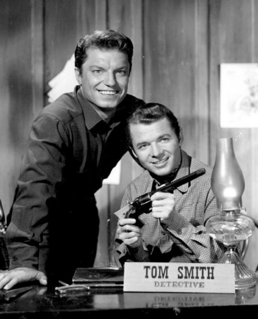 Photo of Guy Mitchell (left) and Audie Murphy from the television program Whispering Smith.