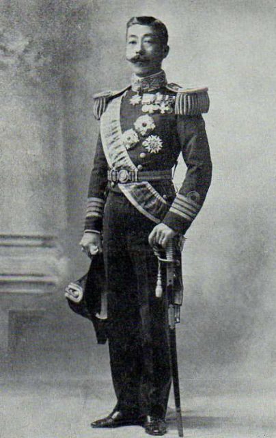 An example of Westernization: Meiji period, Japan, Prince Yorihito Higashifushimi in typical Western naval dress uniform with white gloves, epaulettes, medals and hat.