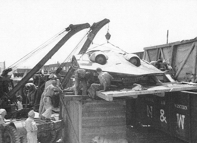 Unloading of the captured Horten Ho 229 V3 from a train by US military.