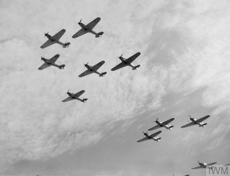 Hawker Hurricanes of No. 85 Squadron, Royal Air Force (RAF) seen from below. IWM