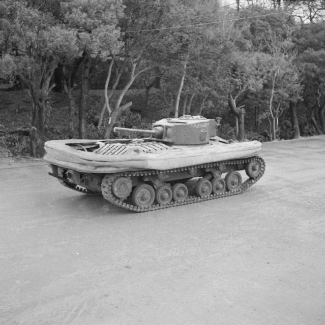 Valentine DD tank with screen lowered, 79th Armoured Division School, Gosport, 14 January 1944.