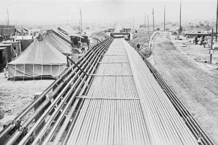 Pipe being stored in three quarter mile lengths before being wound onto the ‘Conundrum’.