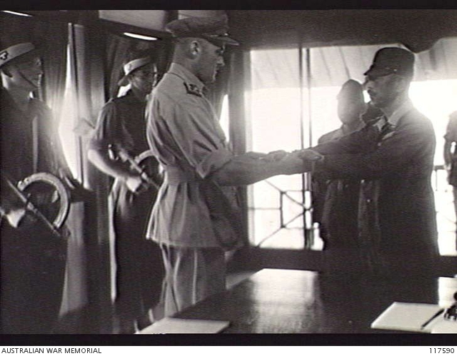 The surrender ceremony of the Japanese to the Australian forces at Keningau, British North Borneo on September 17, 1945