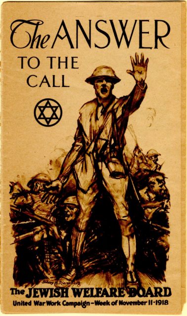 Handbill, “The Answer to the Call,” Jewish Welfare Board, United War Work Campaign, 1918. National Museum of American Jewish History 1991.8.88, Gift of the Anne and John P. McNulty Foundation in honor of Lyn M. and George M. Ross. Photo: National WWI Museum and Memorial
