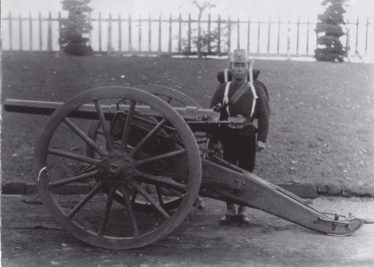 Japanese artillery unit, at the Koishikawa arsenal, Tokyo, in 1882. Photographed by Hugues Krafft.