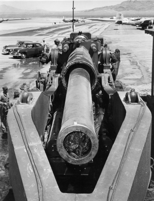 View from the front prime mover of the 280-mm M65. The barrel is in the transport position.