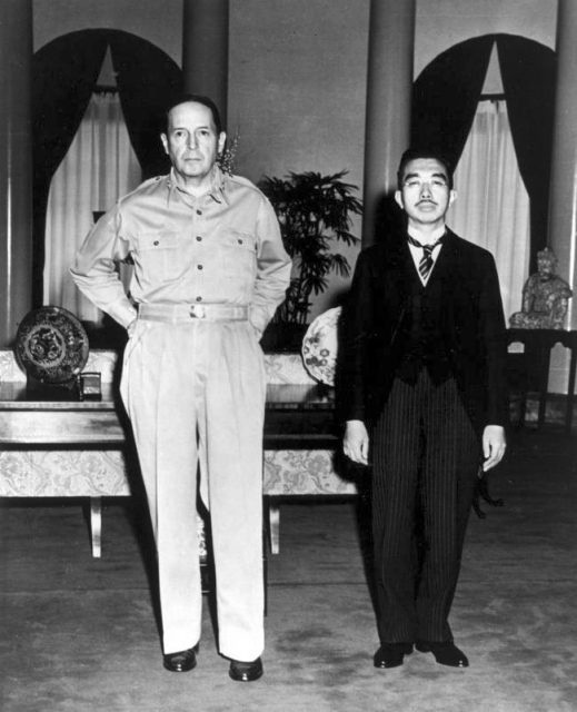 Emperor Hirohito and General MacArthur, at their first meeting, at the U.S. Embassy, Tokyo, 27 September, 1945