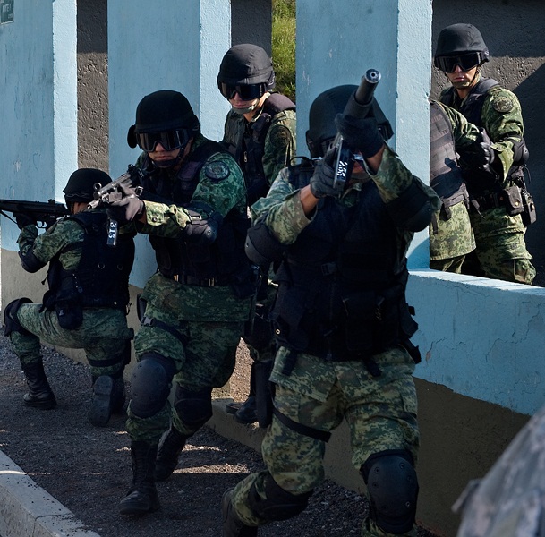 Mexican Special Forces give a breaching demonstration to Gen. George W. Casey Jr., at a military camp outside Mexico City, Mexico, Aug. 4, 2010.