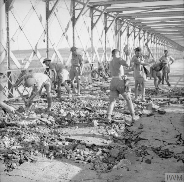 Royal Engineers repairing damage to the Primosole Bridge over the Simeto River after its capture.