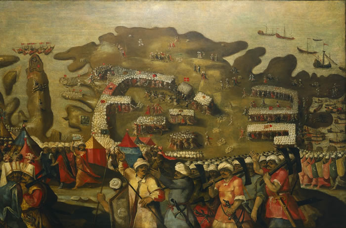 Arrival of the Turkish fleet during the Siege of Malta 1565.