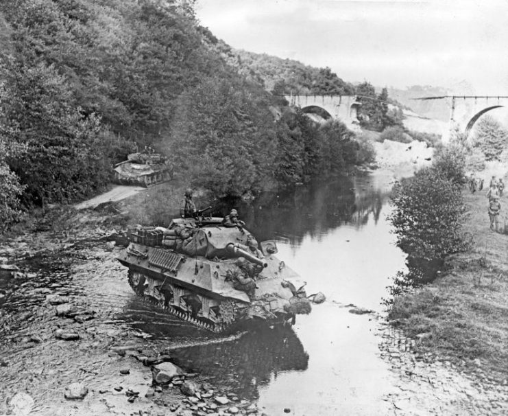 Two American M10 tank destroyers in France during World War II.