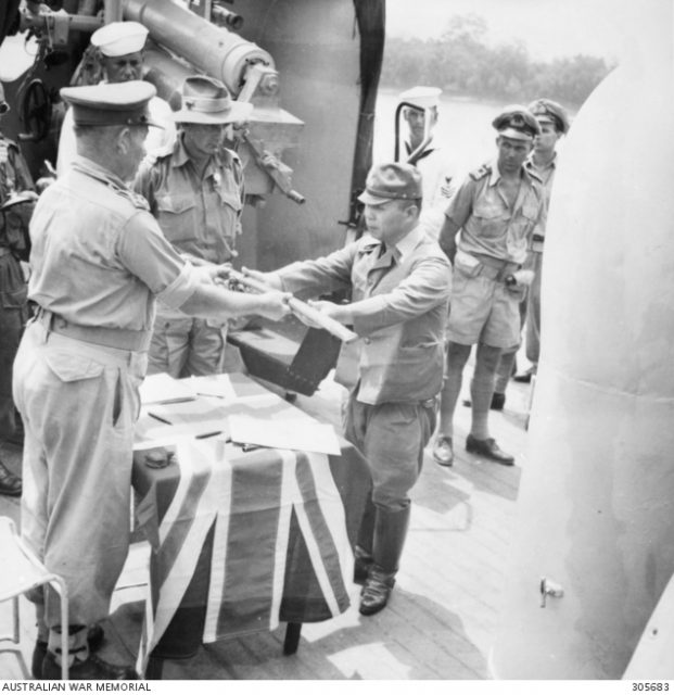 The official surrender ceremony of the Japanese to the Australian forces on board HMAS Kapunda at Kuching, Kingdom of Sarawak on September 11, 1945