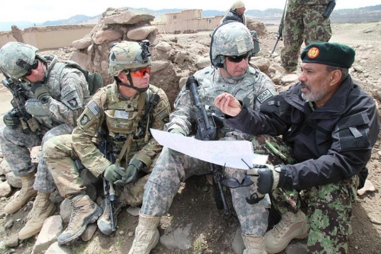 U.S. Army Soldiers in Afghanistan – May 2011. Notice the flag placement on the right shoulder.