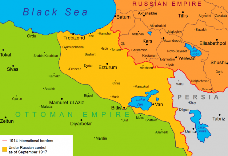 Western Armenia territory under Russian control as of September 1917. Image: Yerevanci / CC-BY-SA 3.0