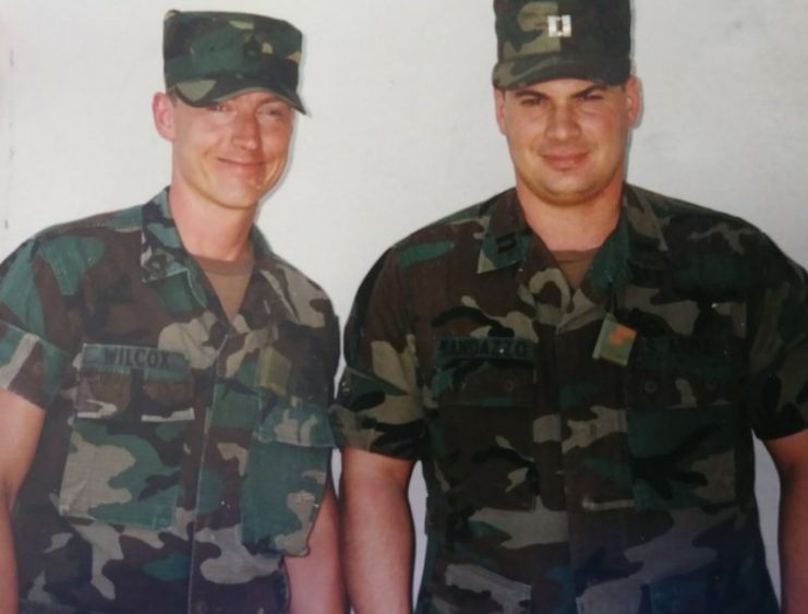 Wilcox, left, is pictured in the late 1990s with Capt. Mark Randazzo, who was serving as commander for the 1035th Maintenance Company at Jefferson Barracks, where Wilcox was First Sergeant. Courtesy of Keith Wilcox
