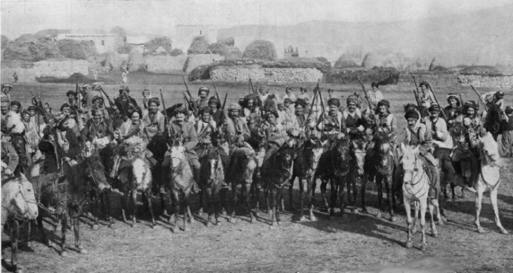 Troops of Kurdish Cavalry who fought against the Russians in the passes of the Caucasus mountains.