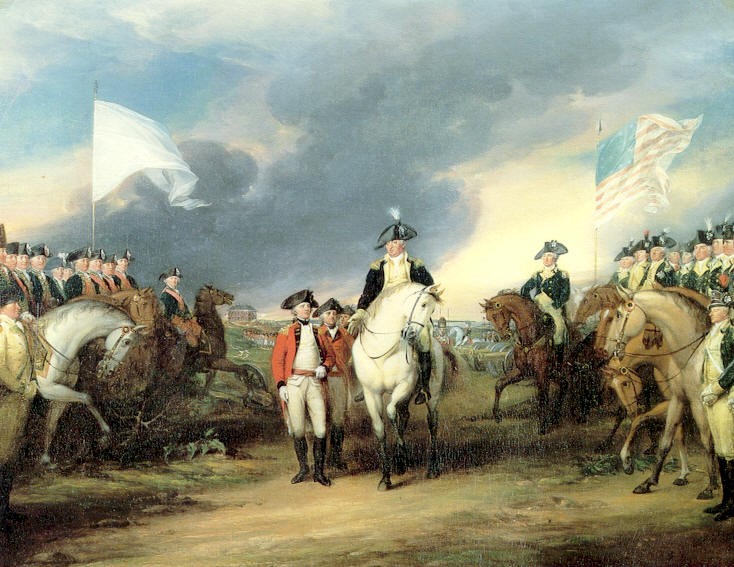 The British surrender to French and American troops, at the Battle of Yorktown in 1781.