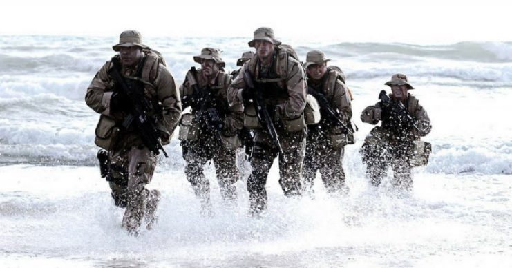 A Seal Team emerging from the water.