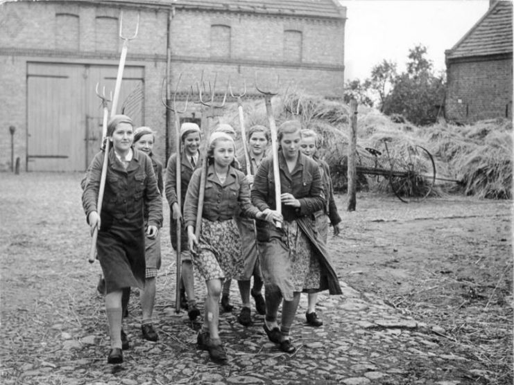 The caption in the propaganda magazine Das Deutsche Mädel (May 1942 issue) states: “bringing all the enthusiasm and life force of their youth, our young daughters of the Work Service make their contribution in the German territories ‘regained’ in the East.Photo: Bundesarchiv, Bild 183-E10868 / CC-BY-SA 3.0