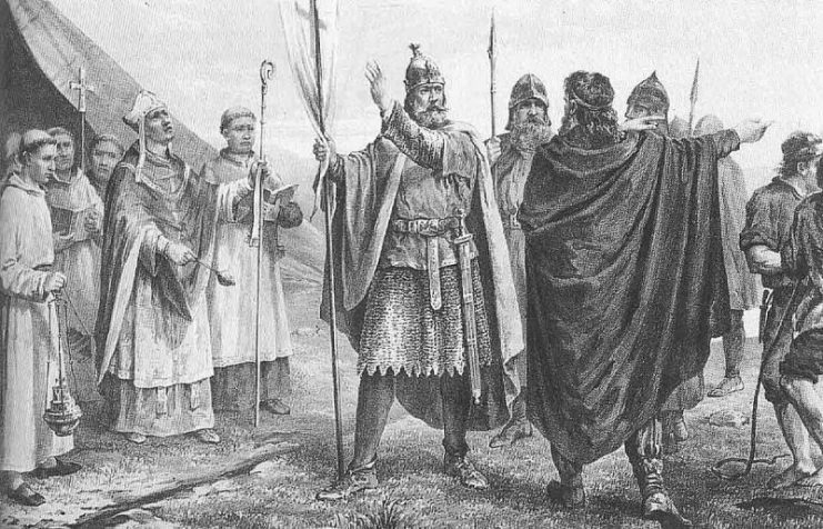 King Olaf I of Norway’s arrival to Norway. Based on drawing by Peter Nicolai Arbo (Norway 1831-1892).