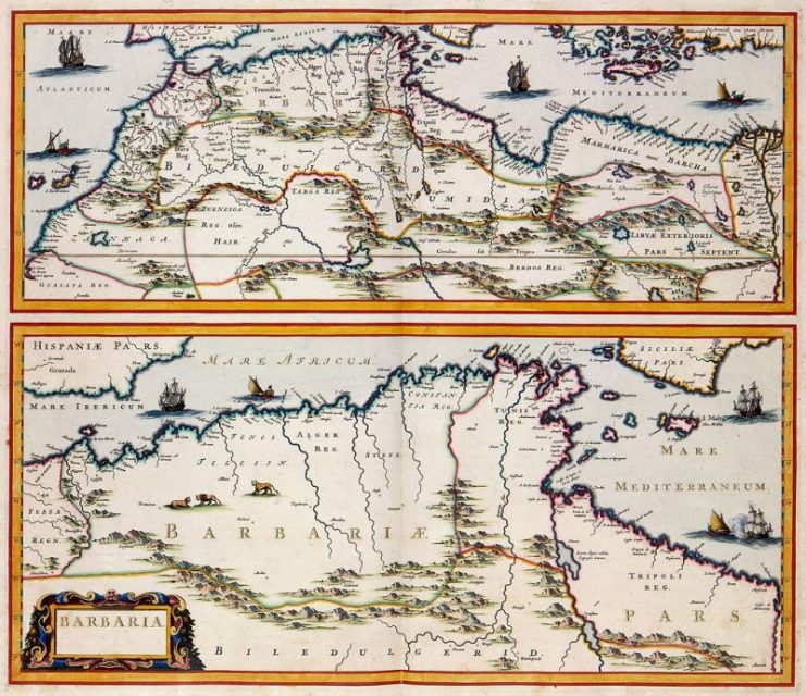 A 17th-century map by the Dutch cartographer Jan Janssonius showing the Barbary Coast, here “Barbaria”