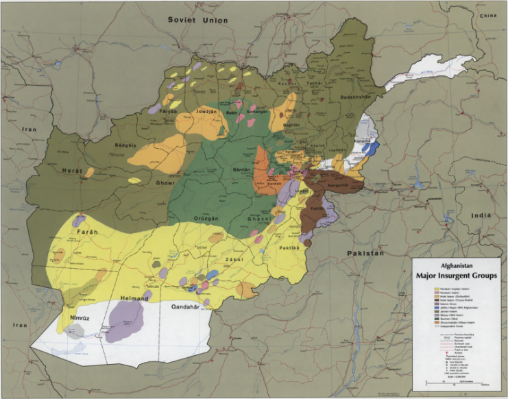 The areas where the different mujahideen forces operated in 1985