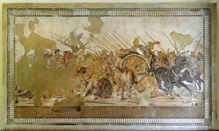 Battle of Issus. Darius III portrayed (in the middle) in battle against Alexander in a Greek depiction. By Berthold Werner / CC BY-SA 3.0