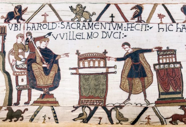 Harold swearing oath on holy relics to William, Duke of Normandy.