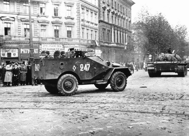 A Soviet BTR-40 in Budapest during the Hungarian Uprising of 1956. Photo: Fortepan — ID 32790 / CC-BY-SA 3.0