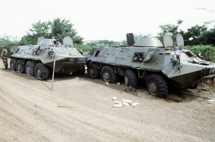 Soviet-built BTR-60 armored personnel carriers seized by U.S. military personnel during Operation Urgent Fury.