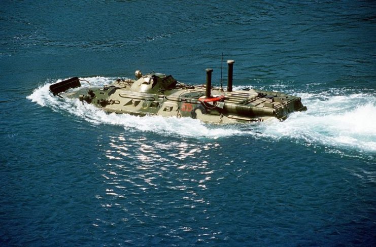 A Russian BTR-80 in water.