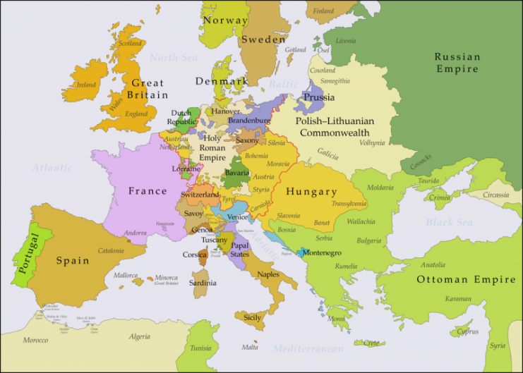 Europe in the years after the Treaty of Vienna (1738), with the Habsburg Monarchy in gold. Map: Bryan Rutherford / CC-BY-SA 4.0