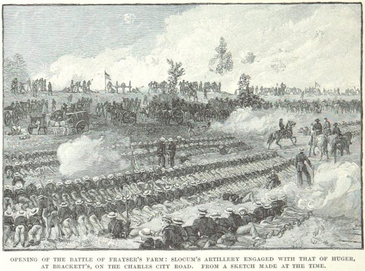 An opening artillery engagement at the Battle of Glendale, also called the Battle of Frayser’s Farm.