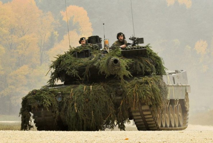 A German Army Leopard II tank, assigned to 104th Panzer Battalion, scans the battlefield at the Joint Multinational Readiness Center during Saber Junction 2012 in Hohenfels, Germany, Oct. 25.