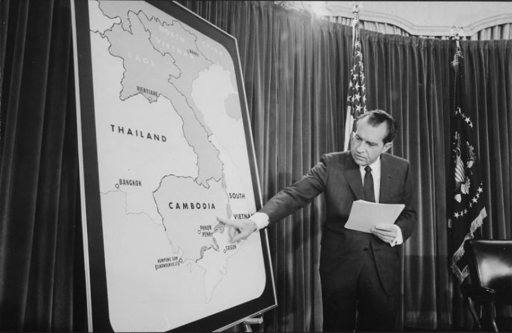 President Nixon points out the NVA sanctuaries along the Cambodian border in his speech to the American people announcing the Cambodian incursion.