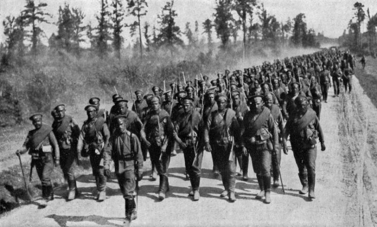 Russian troops going to the front: Support for the imperial guard being hurried into the fighting line.