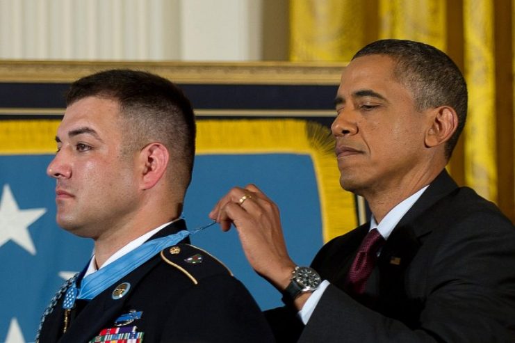 President Barrack Obama awards Sgt. 1st Class Leroy Petry the Medal of Honor in the White House in Washington, D.C., on July 12, 2011.