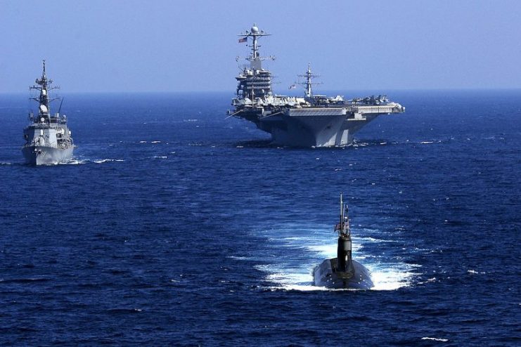 Seawolf leads USS John C. Stennis (CVN-74) and Japanese destroyer JS Ōnami (DD-111) during an exercise.