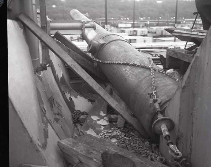 During a freak storm at sea, one of the gun barrels bound for Fort Casey came loose and damaged the San Francisco container ship. Image Washington State Parks and Recreation Commission