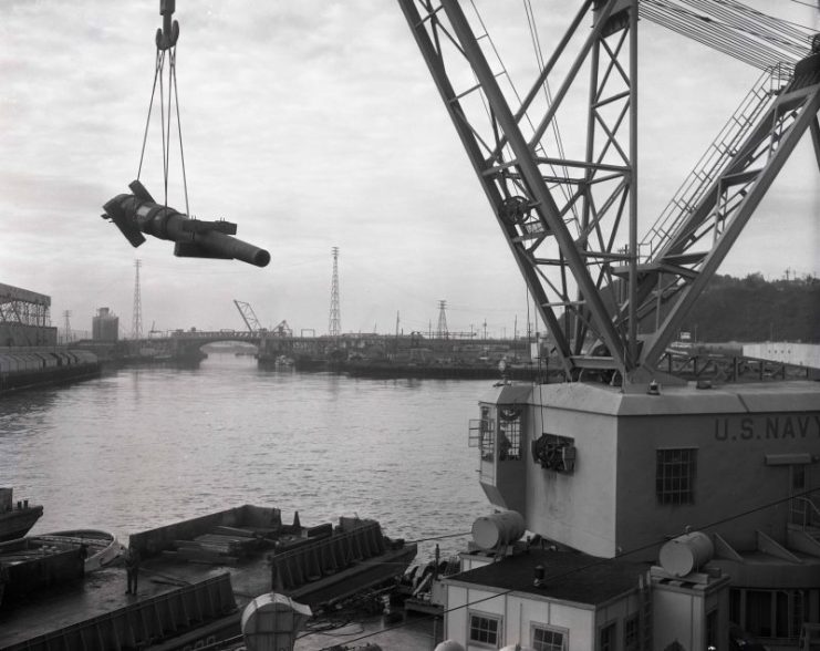 After being barged over to the Bremerton Naval Ship Yard the parts of the 10” disappearing guns were cleaned and then trucked to Fort Casey to be assembled. Photo courtesy of Washington State Parks and Recreation Commission