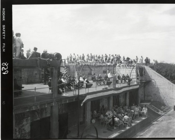 Wilbur W. Sherman, Chairman of Guns for Casey Committee, Coupeville Lions Club, addresses the audience at the Aug. 11, 1968 dedication of the big guns at Fort Casey. Photo courtesy of Washington State Parks and Recreation Commission